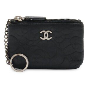 Chanel Camellia Coco Mark Coin Case Coin Purse Lambskin Leather Black Silver
